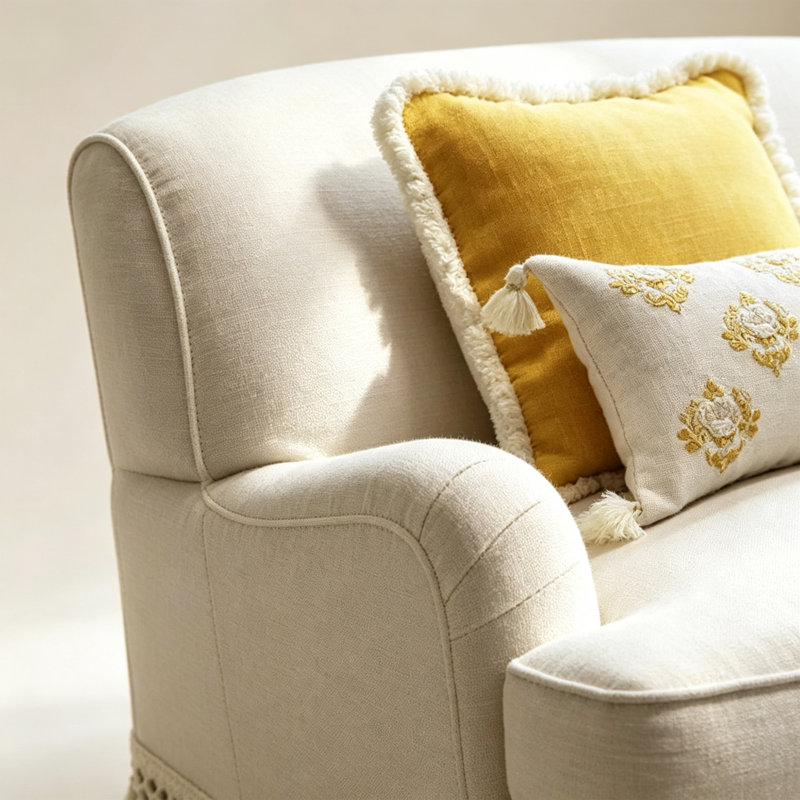 Retro Beige Linen Blend Upholstered Sofa