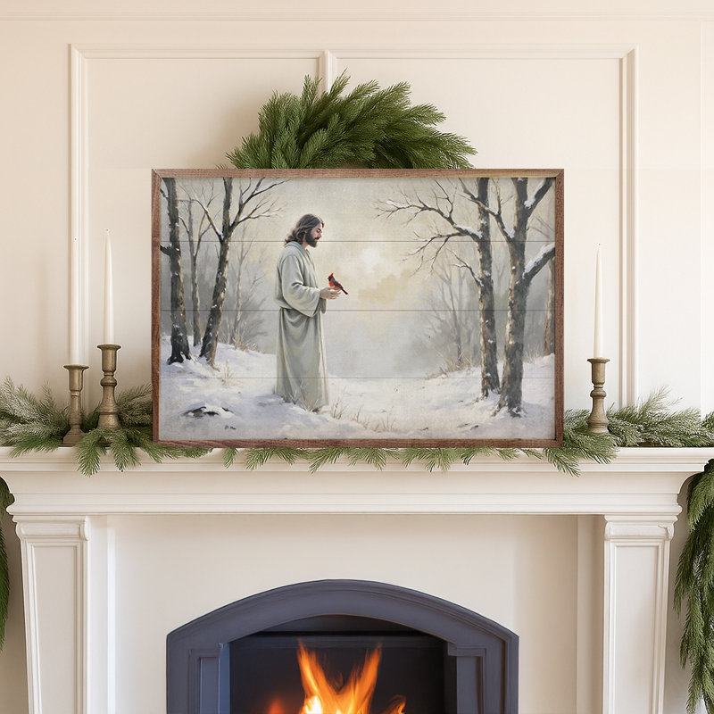 Cardinal et Jésus dans la neige, H 16 po x l 24 po