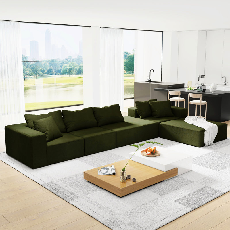 Canapé de salon en forme de L - 132 po, chenille, 6 coussins, rembourrage en mousse, sans assemblage, lit modulaire de 132 po pour le revêtement de chambre en chenille, assemblage