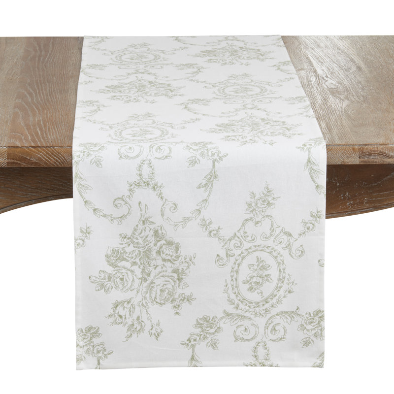 Vickrey Floral and Toile Linen Table Runner, Olive, 72" x 16"