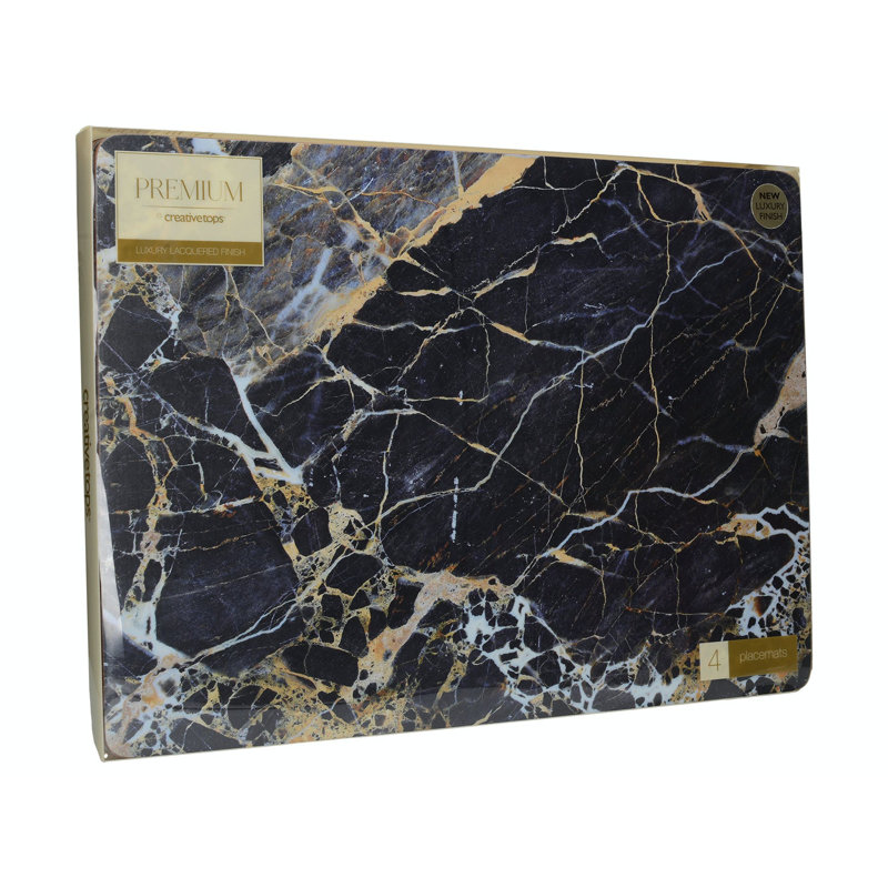 Navy Marble Lacquered With Cork Backing Abstract Rectangle Placemat