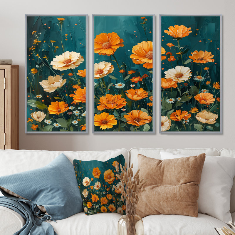 «Yellow Yellow Summer Meadow Marigolds I», ensemble de reproductions d'art mural, Toile argentée avec cadre flottant