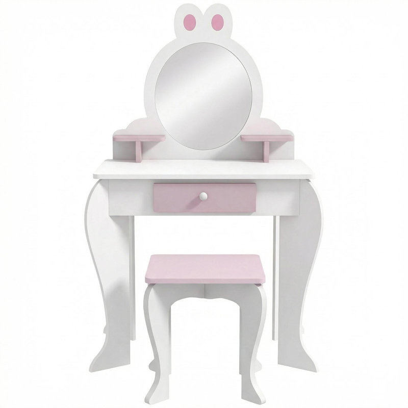 Cute Rabbit-Themed Room Decor Set: Storage Drawer Stool, Mirror, and Vanity Table