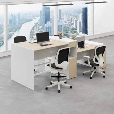 Okeysen Modular 4 Person Multi-Height Workstation Modular Attachable Office Desks  4 BIFMA Certified Office Chairs Set
