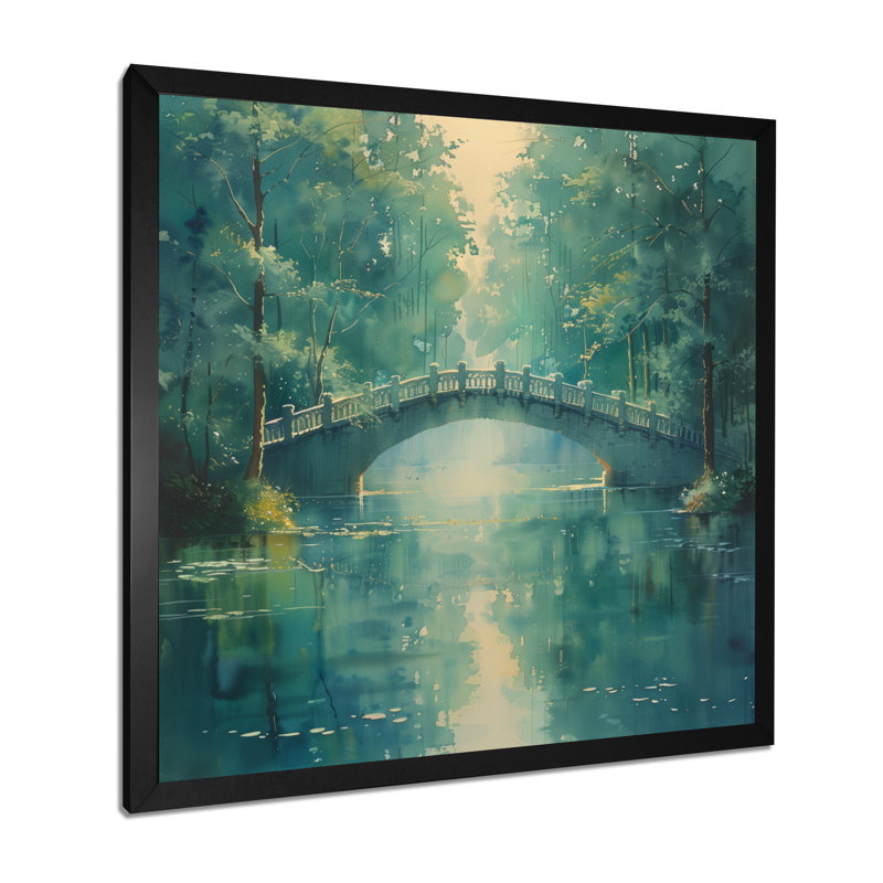 «Green Beige River Crossing Park Bridge II», reproduction d'art mural, Toile encadrée noire simple