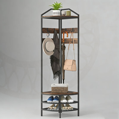 Industrial Corner Hall Tree With 8 Movable Hooks, Shoe Storage, And 2 Shelves For Space-Saving Entryway Organization.
