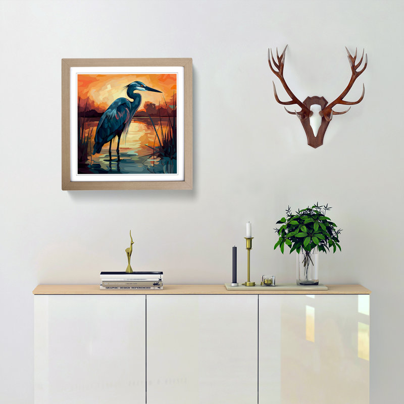 Heron Color Field Painting No.2 - Single Picture Frame Print on Wood, Oak