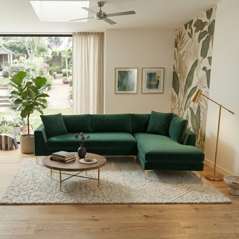 Ludivine 112" Wide Velvet Sofa & Chaise, Green Velvet, Right Hand Facing