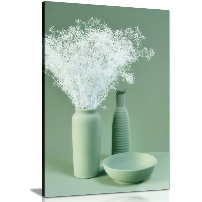 Pastel Green Bowl, Vase And White Bouquet - Wrapped Canvas Print, 91cm H x 61cm W x 1.8cm D