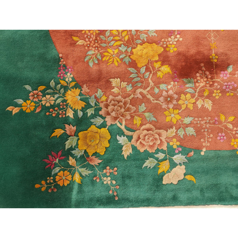 Wool Knotted Antique Chinese - Art Deco 1920s Coral Room Size Rectangle Rug