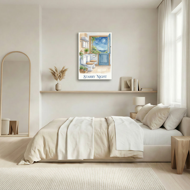Ensemble d'une toile tendue représentant une scène de salle de bain sous la nuit étoilée, H 36 po x l 24 po