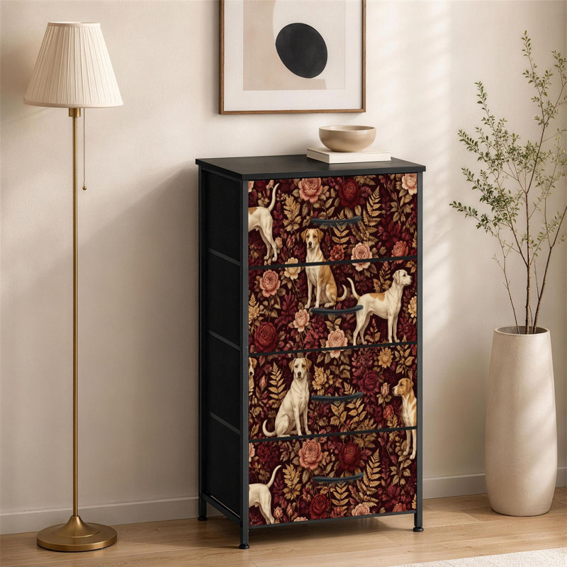 Commode à 4 tiroirs pour chiens de chambre à coucher au milieu de roses rouges avec petites feuilles dorées et petite commode pour vêtements