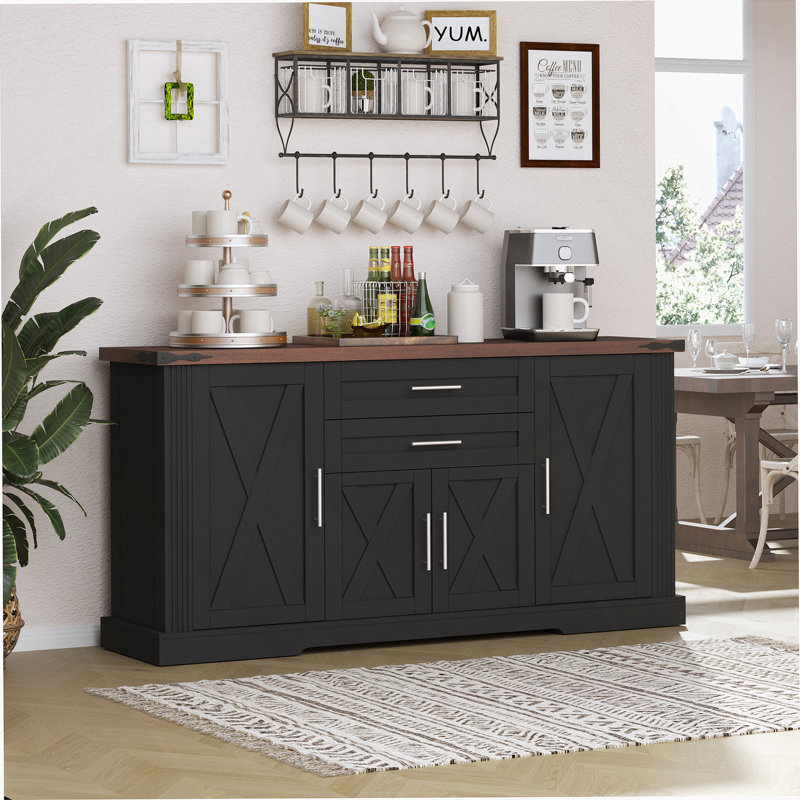 63" Farmhouse Barn Door Storage Cabinet With 2 Drawers & Door Rack, Large Buffet Table Coffee Bar Cabinets With Adjustable Shelves For Kitchen, Living Room, Entryway, Dining Room, Black