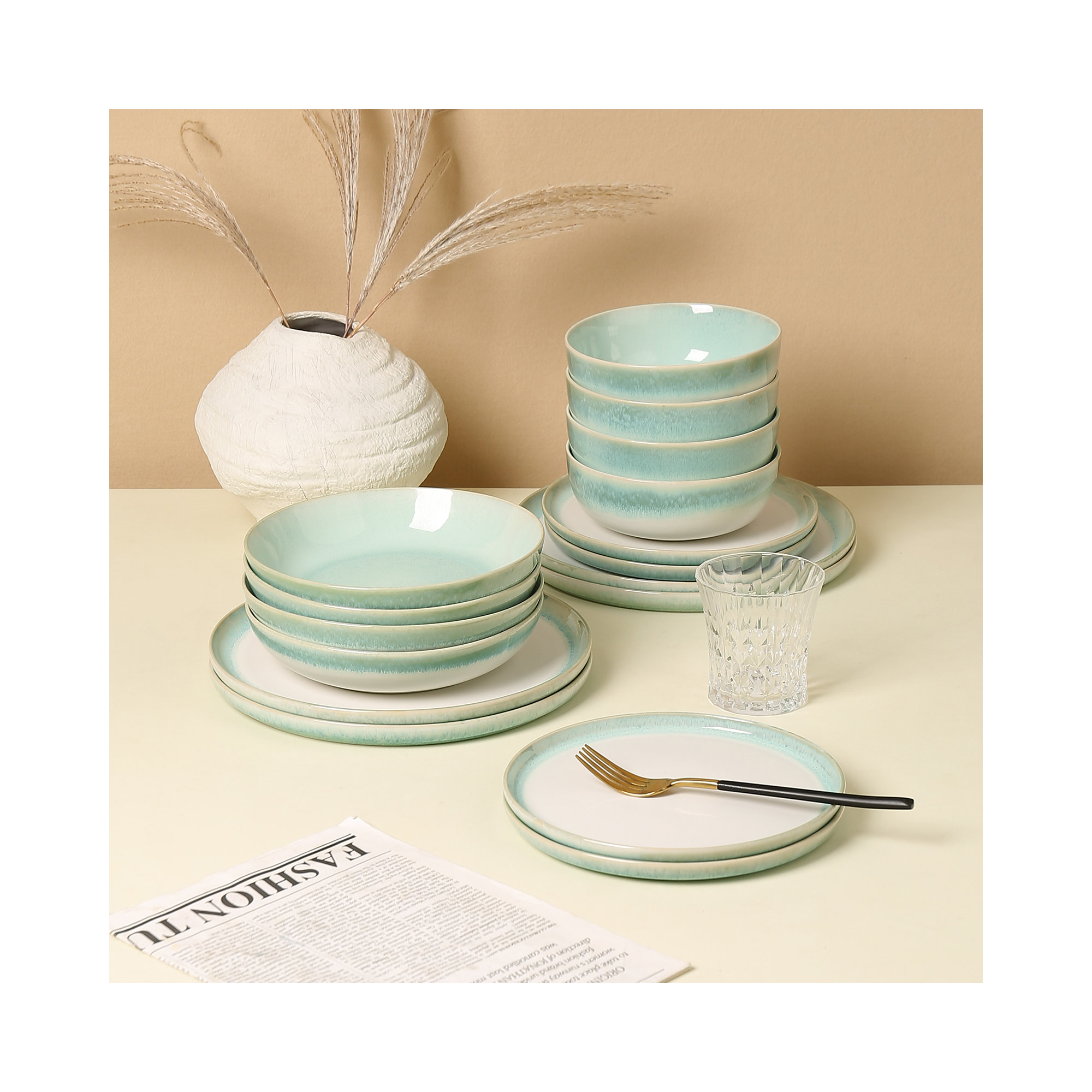  Moss Edge16 Piece Stoneware Dinnerware Set, Service for 4, Green