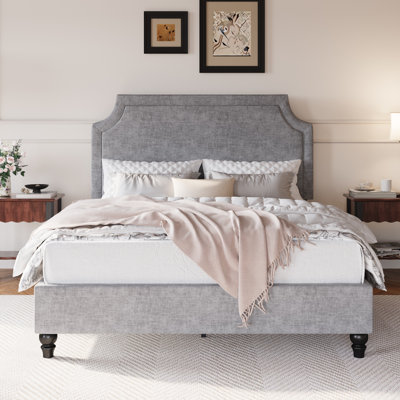 Modern Chenille Upholstered Bed With Adjustable Headboard & Solid Wood Legs