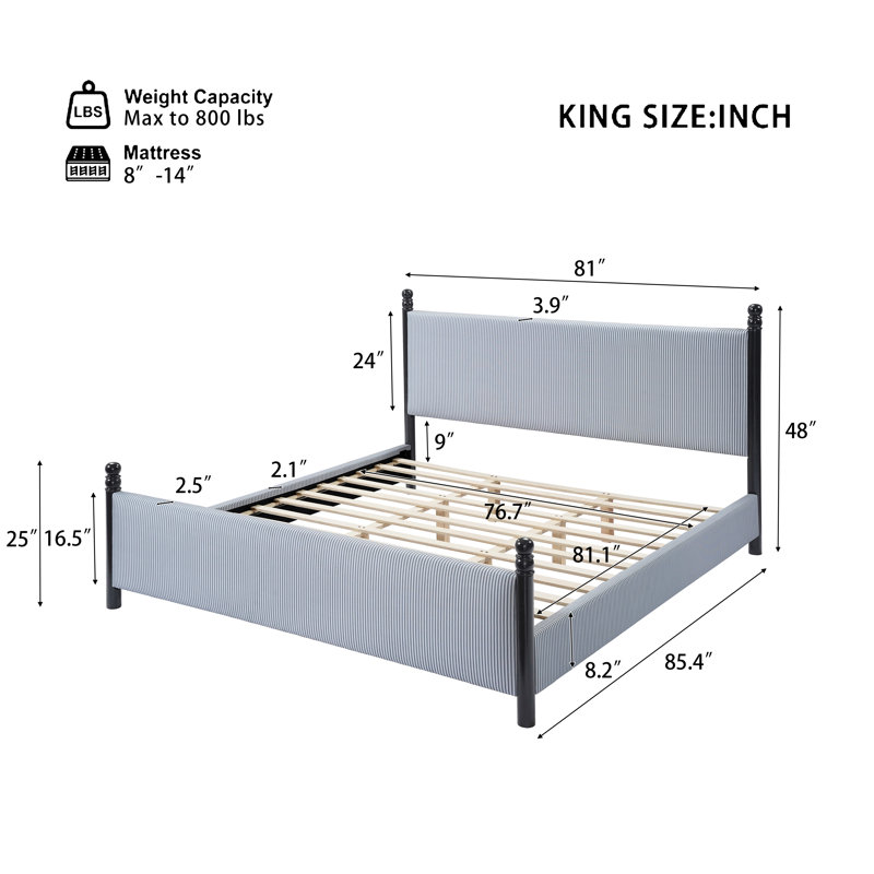 Tove Striped Upholstered Bed with High Headboard & Rubberwood Frame, King