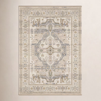 Abena Beige Gray Medallion Oriental Wool Rug