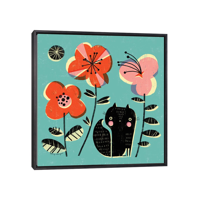Écureuil - Fleurs par Terry Runyan - Reproduction, Toile avec cadre noir patiné, Pas de tapis, H 37 po x l 37 po x P 1,5 po