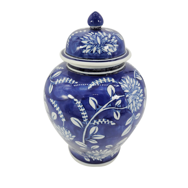 Light Blue Floral Ceramic Ginger Jar, 12"