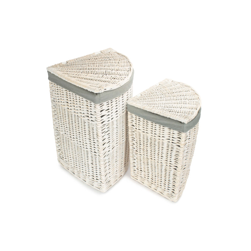 Wicker 2 Piece Corner Laundry Basket Set With Lining, White/Grey