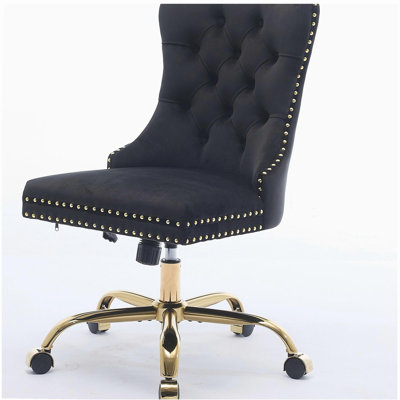 Furniture Office Chair,Modern Velvet Upholstered Tufted Button Office Chair with Golden Metal Base,Adjustable Desk Chair Swivel Office Chair (Black)