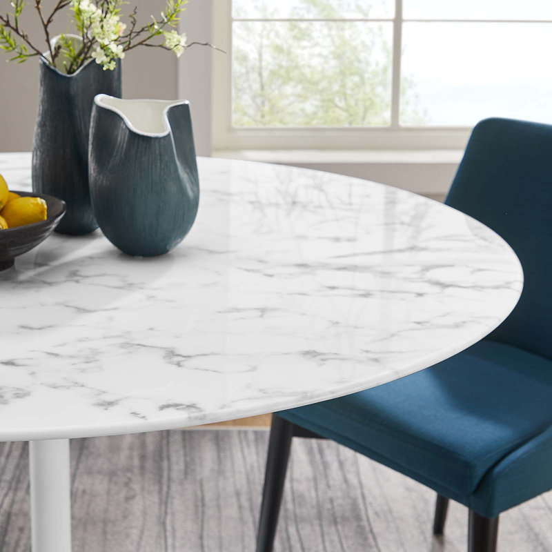 54" White Marble and Wood Round Dining Table