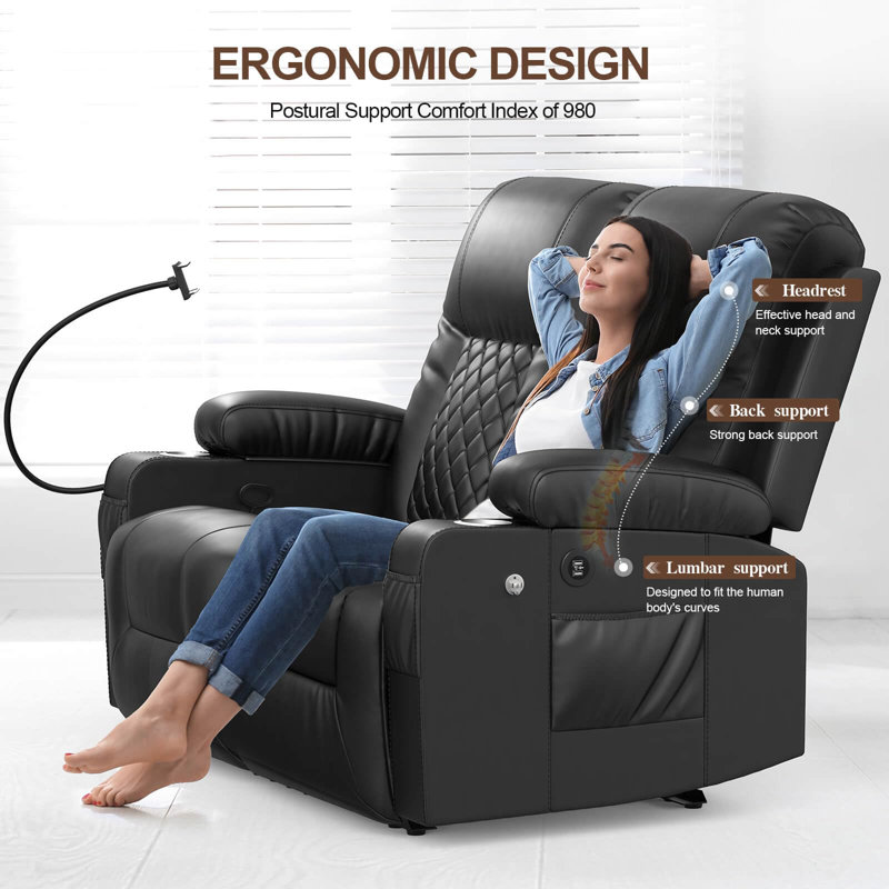 Manual Reclining Loveseat Sofa,Modern Breathable Leather Recliner With Cup Holder and 2 Cell Phone Holder, USB Ports, Black