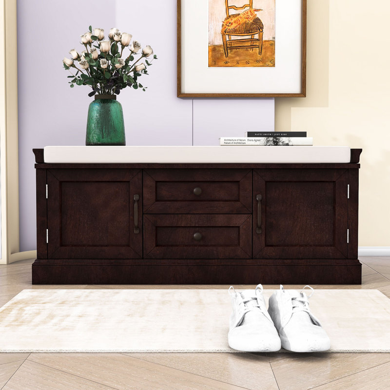 Storage Bench with 2 Drawers, 2 Cabinets and Removable Cushion for Entryway, Espresso