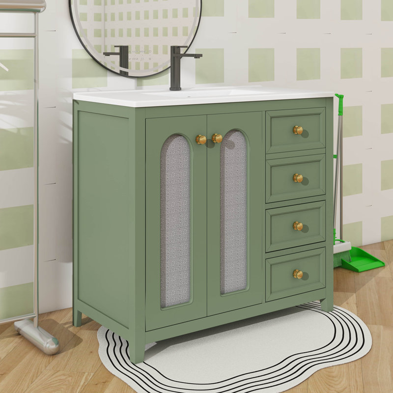 Meuble-lavabo de 36 pouces avec deux portes à fermeture douce, des tablettes réglables et trois tiroirs, Vert