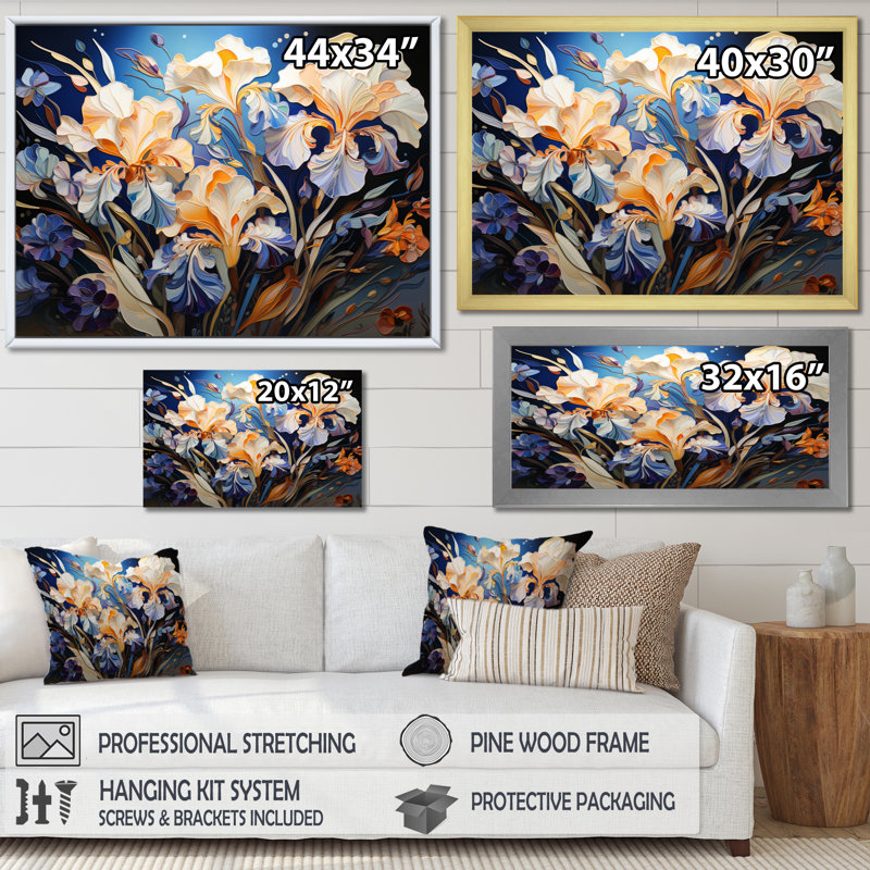 " Yellow Blue Irises Iris Dance ", Gold Single Picture Framed, 12" H x 20" W x 1" D