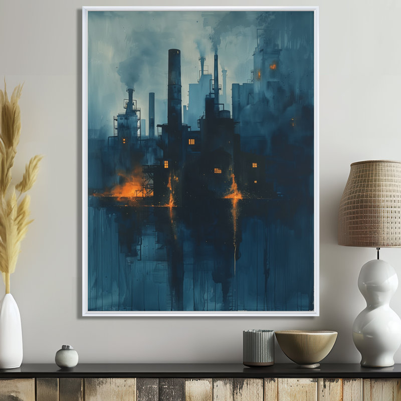 Impression d'art mural jaune et bleu de l'usine Metropolis I - usines, Toile encadrée flottée blanche
