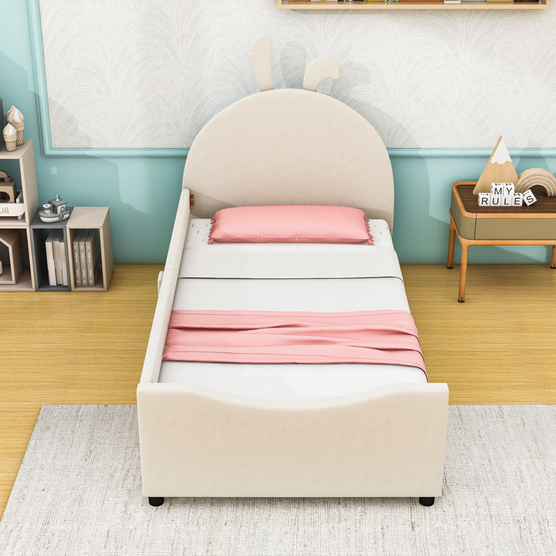 Twin Upholstered Daybed with Rabbit Ear Headboard and Sturdy Slats, Beige
