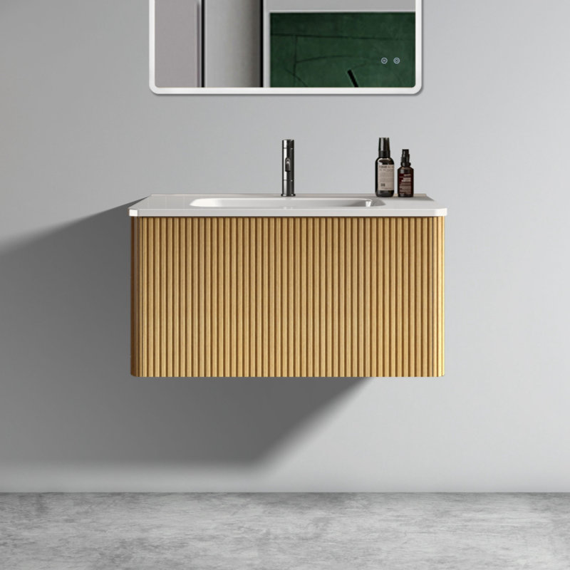 30" Walnut and White Wall-Mounted Bathroom Vanity with Ceramic Sink