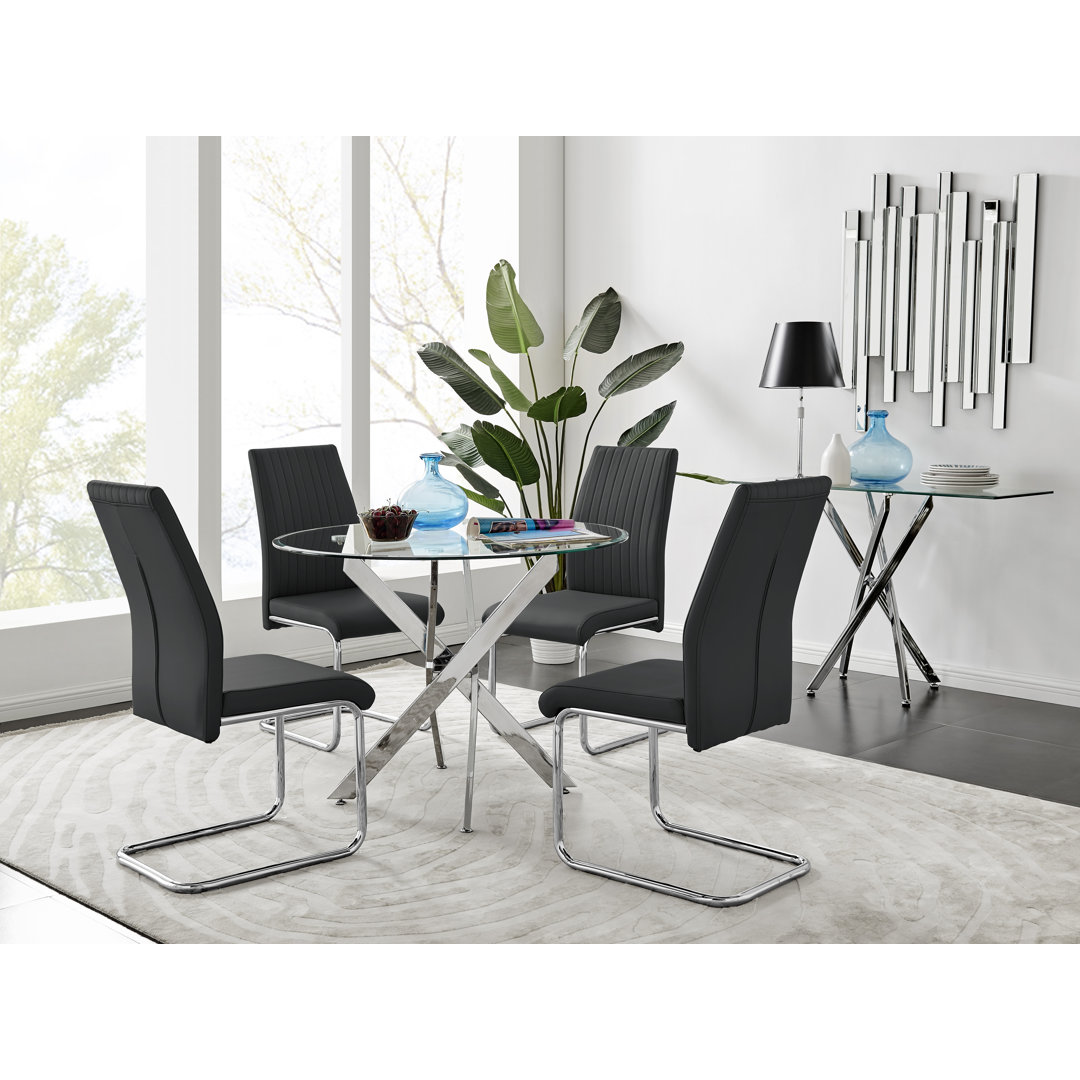 Tierra Sleek Metal and Glass Round Dining Table Set with 4 Faux Leather Upholstered Dining Chairs East Urban Home Chair