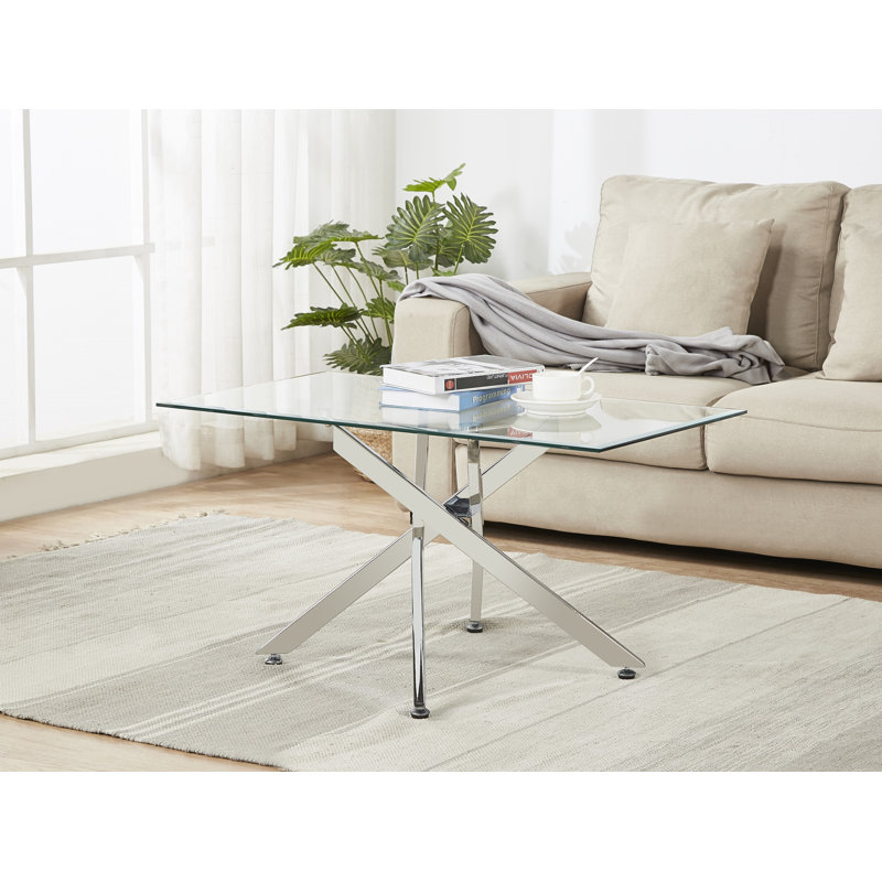 Table basse moderne en verre avec base en métal chromé, plateau en verre trempé biseauté, table de salon contemporaine