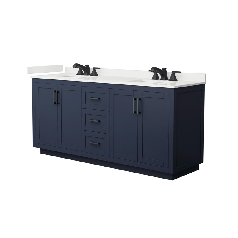 Miranda 72" Freestanding Double Bathroom Vanity with Quartz Top, Dark Blue, White Quartz, Matte Black