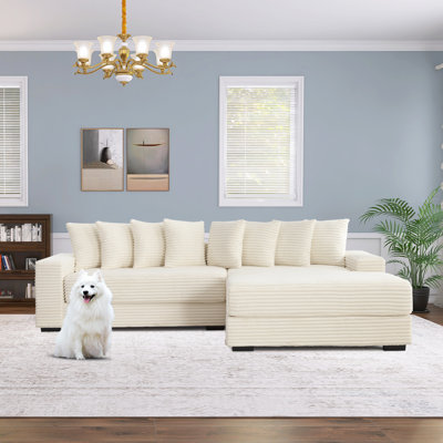Gus 111"W 2 - Piece Luxury Corduroy Sectional, 8 Cuddle Cushions