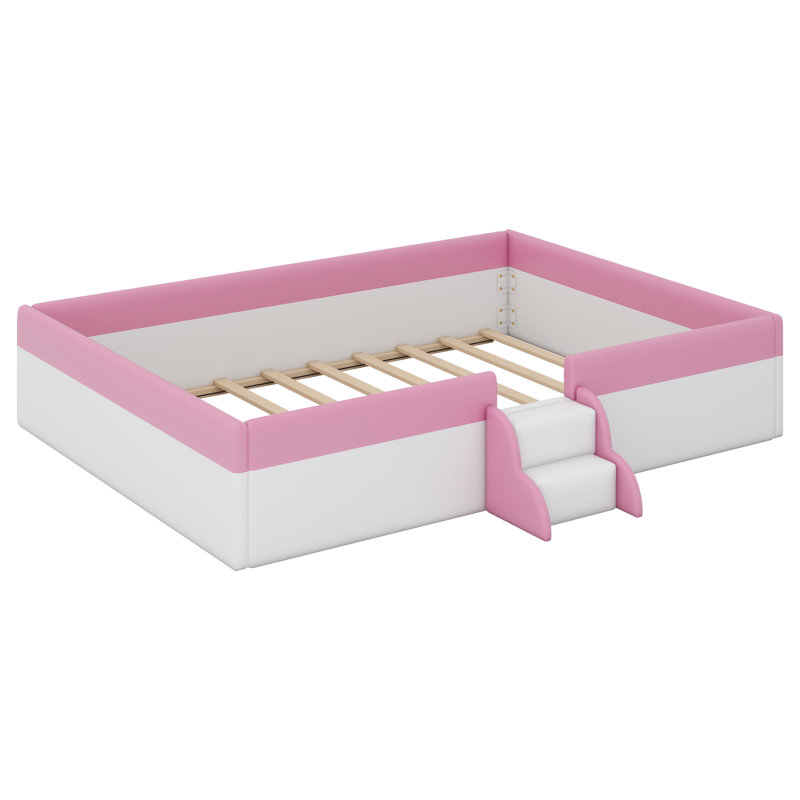 Upholstered Daybed Frame With Fence And Stairs, White/Pink