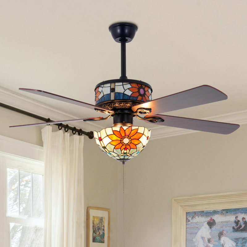 52" Vintage Ceiling Fan With Tiffany Stained Glass Shade