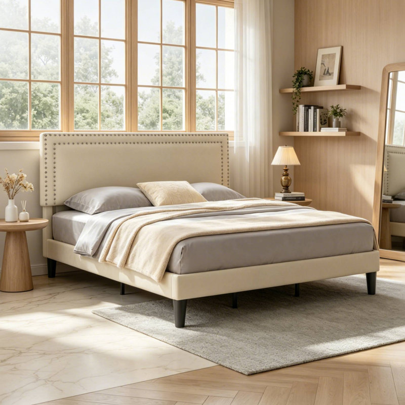 Structure de lit très grand Auxter, lit plateforme en velours avec tête de lit réglable et support à lattes en bois, Beige