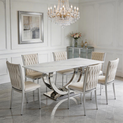 69.3" Modern Minimalist Rectangle Dining Table Set For 6, Kitchen Table With Tufted Chairs, Ideal For Small Dining Room & Open Kitchen, Silver+White Table, Light Gray Chairs