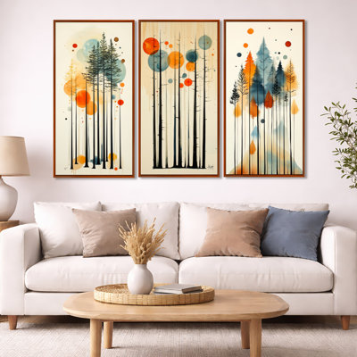 «Summer Valley Pine Forest Silhouettes - Orange Pine Trees», reproduction sur toile encadrée 3 pièces