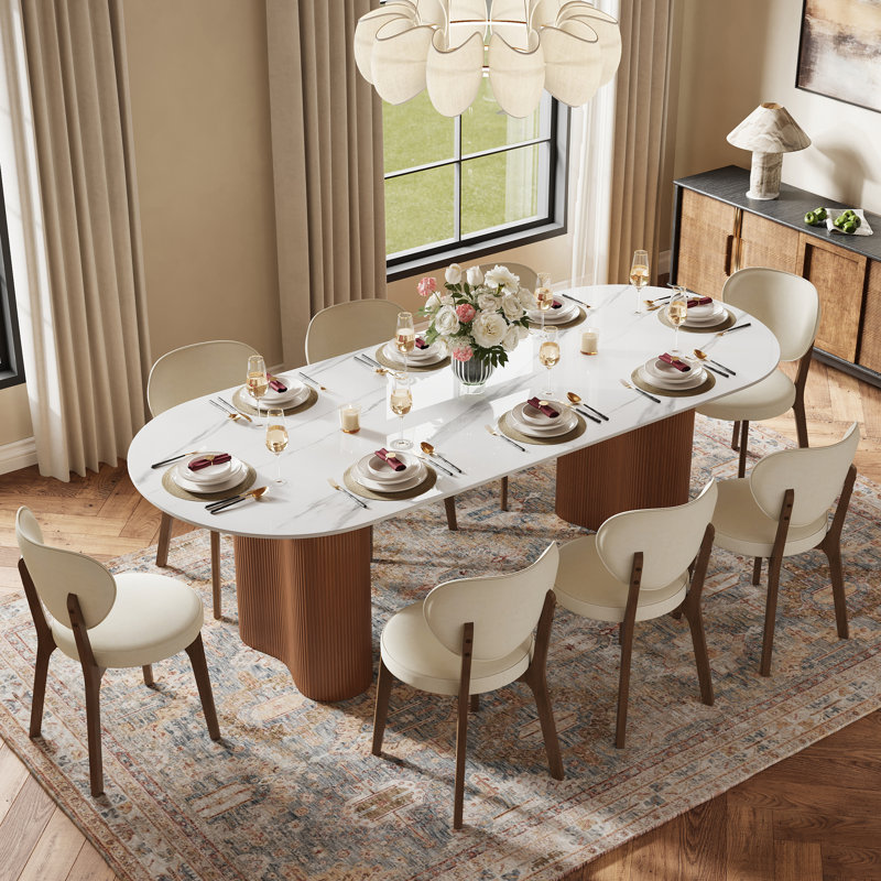 Table de salle à manger moderne en pierre frittée ovale brillante pour 6-8, piédestal à double colonne cannelée pour la cuisine et la salle à manger