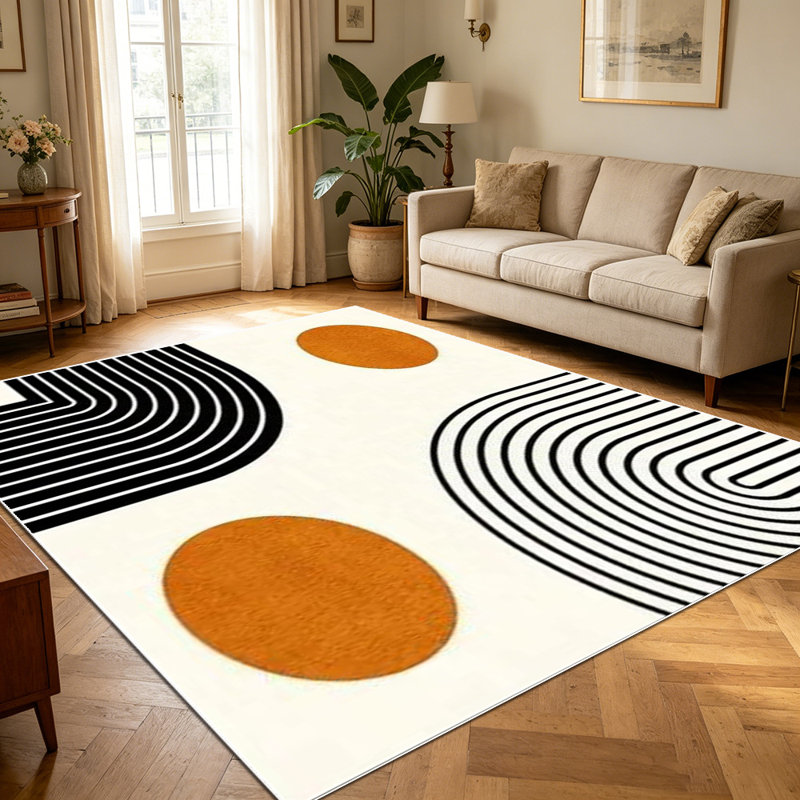 1PC Abstract Minimalist Geometric Curve Line & Burnt Orange Circle area rugs for Living Room, Soft and Comfortable, Suitable for all seasons, easy-to-maintain, machine washable Indoor floor mat, Under Table Farmhouse suitable for dining table,