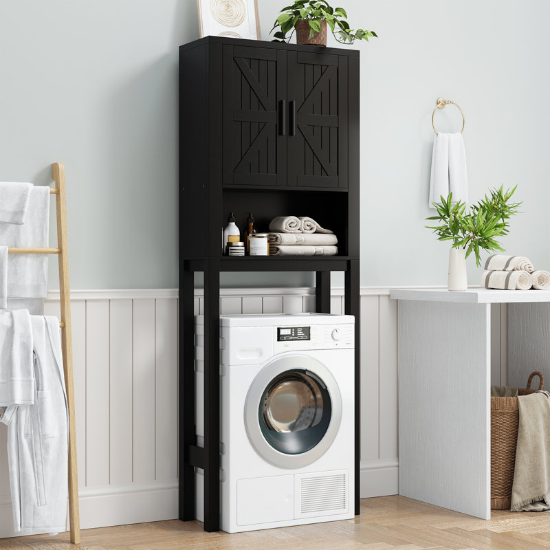 Over The Toilet Storage Cabinet with Adjustable Shelf and Double Doors, Bathroom Space Saver Organizer Above Toilet with Open Shelf, Taller Wooden Free Standing Toilet Rack