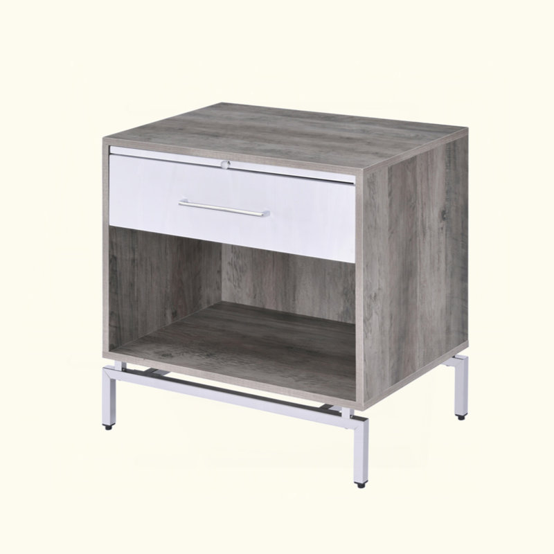 Table de chevet 1 pièce blanc et gris vieilli avec tiroirs et tablettes