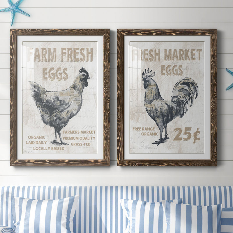 Farm Fresh Chicken - ensemble de 2 reproductions, H 37,5 po x l 55 po x P 1,5 po, Papier, cadre noyer, Blanc