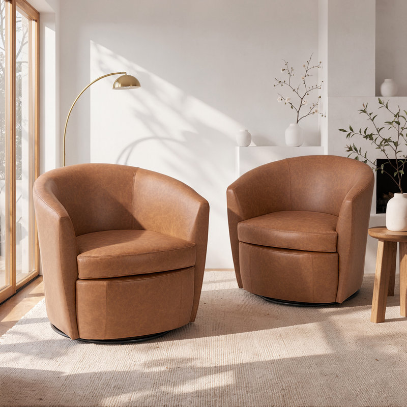 Faux Leather Upholstered Swivel Barrel Chair—No Assembly Required, Brown Faux Leather