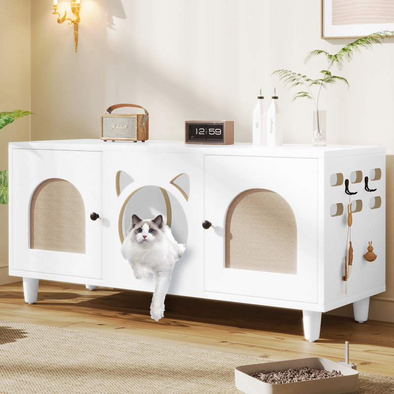 Armoire 31 chats blanc crème avec portes magnétiques et litière à griffes