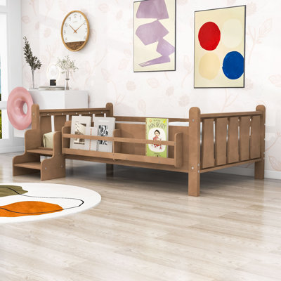 Wooden Platform Bed with Bookcases, Guardrails and Slats